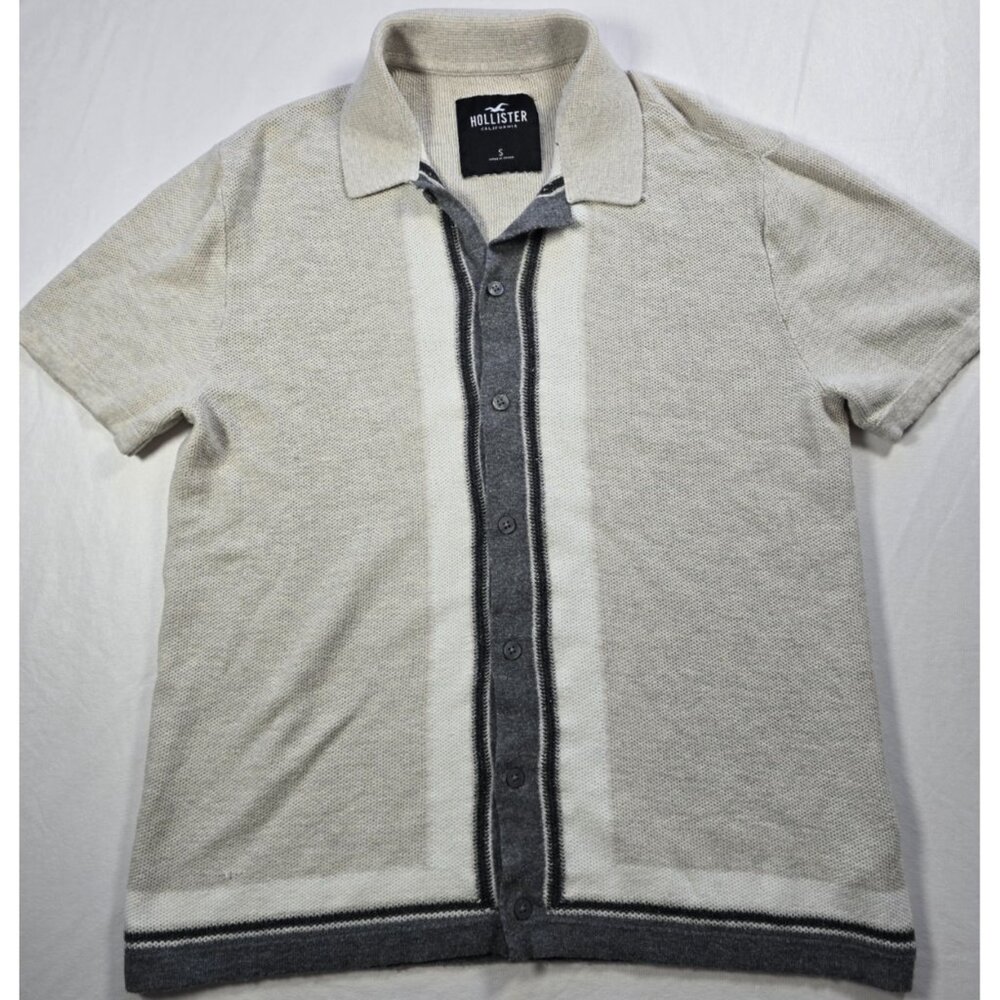 Hollister Men's S Knit Polo Shirt Gray/White Short Sleeve Front Casual Top